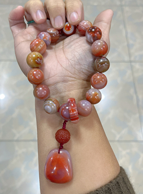 新中式国风原创设计天然南红玛瑙大山包包浆手持手串编绳