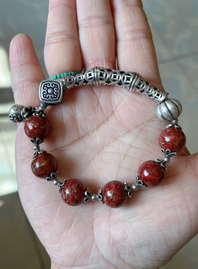 新中式国风原创设计天然朱砂晶体砂珠串半镯老银手链手串