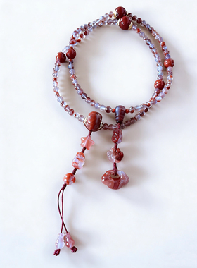 新中式国风原创设计天然南红玛瑙紫底冰飘花如意锁毛衣链念珠项链