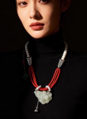 新中式国风原创天然和田玉羊脂白玉牡丹吊坠珍珠复古项链毛衣链