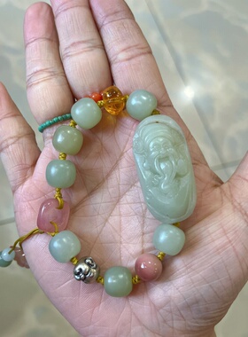 新中式国风原创设计天然和田玉晴水财神手牌珠串蜜蜡老银手串手链