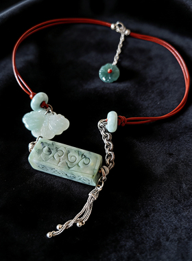 新中式国风原创天然翡翠桶珠老银牛皮绳编织项链锁骨链毛衣链