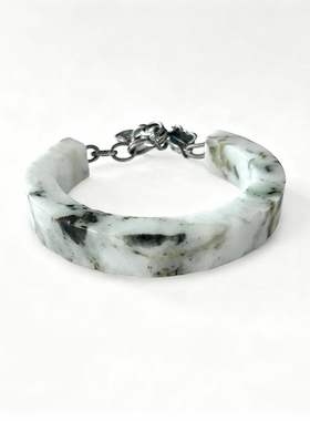 新中式国风原创天然翡翠半镯老银醒狮扣头银链花吊坠手串手链女款