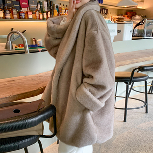 女休闲毛领大衣2024宽松加厚毛毛上衣 水貂绒皮草外套长款 冬季 新款