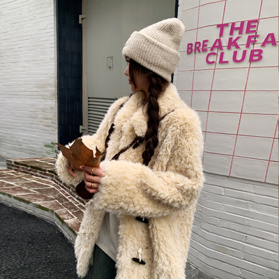 羊角扣中长仿皮草外套语飒韩版厚