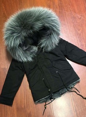 冬新品男女加厚绒派克服短款黑色棉服脏脏灰大毛领貉子毛可拆卸潮
