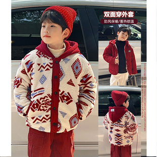 霖霖妈童装儿童棉服宝宝羊羔绒外套冬装新年衣服男童双面穿拜年服