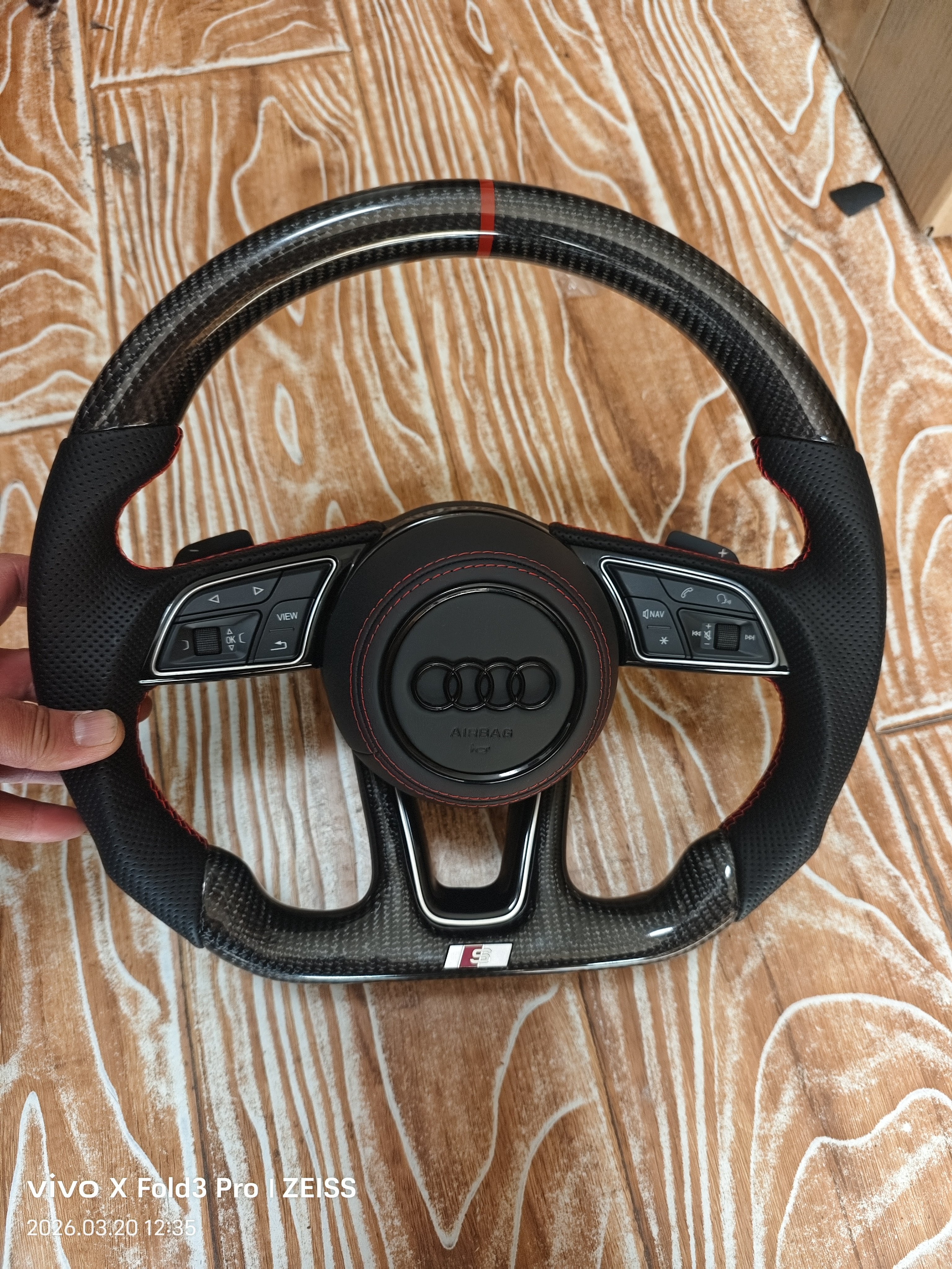 thumbnail for Suitable for Audi A3A4LA5Q2LA3LA6LA7Q5Q3 carbon fiber steering wheel, genuine carbon Nappa flat-bottomed sport