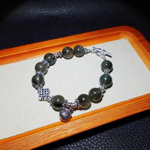 原创设计天然5A级绿发晶手串925纯银手链猫眼顺发水晶一物一图