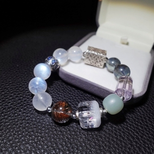 原创设计天然多宝水晶手链精品银饰月光石发晶海蓝宝手串一物一图