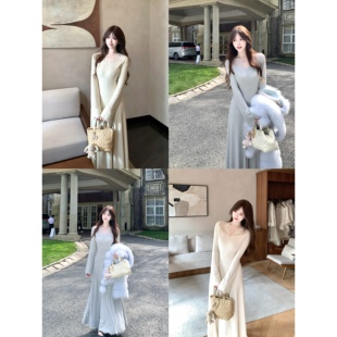 针织连衣裙温柔氛围感内搭长裙 复古蕾丝V领拼接长袖 白里 风之羽