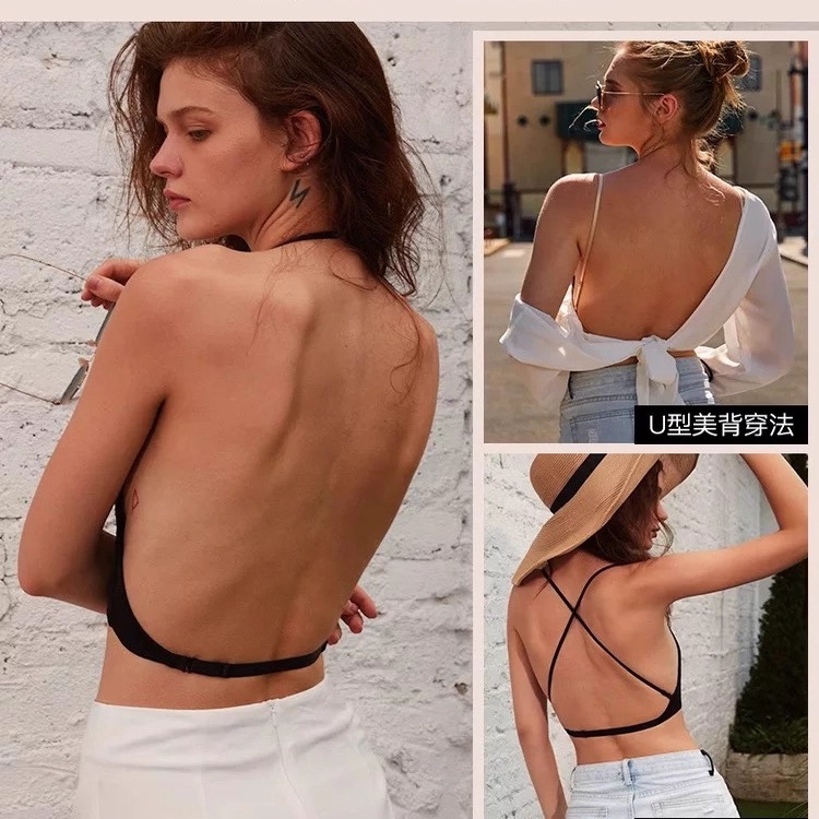 法式U型大露背内衣女蕾丝性感无钢圈交叉挂脖美背薄款隐形文胸罩