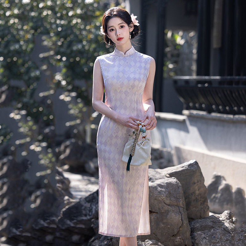 2026新款淡紫色格子无袖国风新中式长款改良旗袍女感礼服夏季