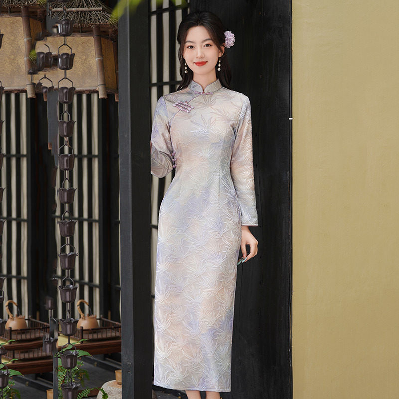 2026新款紫色植绒秋冬装国风新中式长款长袖旗袍冬季厚款改良