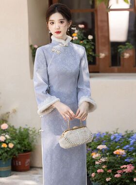 2026新款加绒加厚冬装蓝色倒大袖长款改良旗袍轻款女复古日常