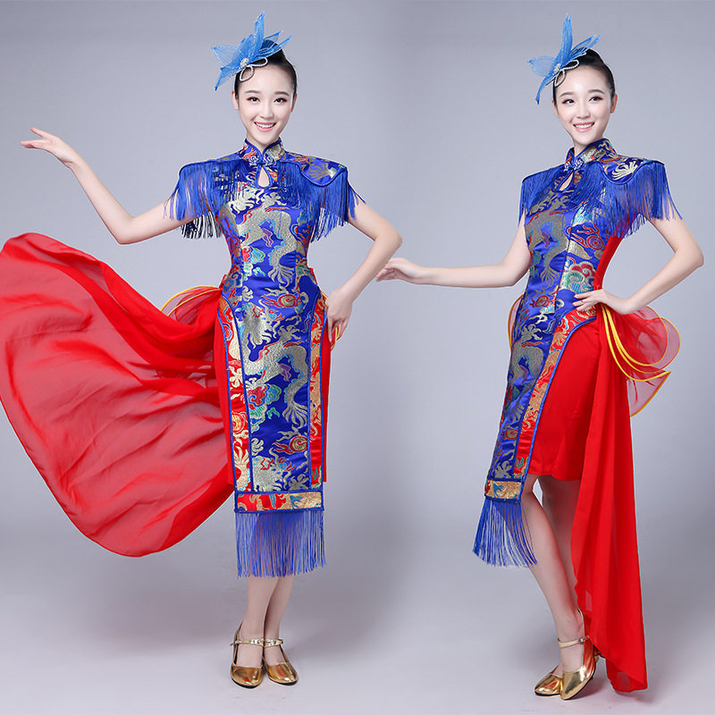 2026新款中国风现代舞蹈服装扇子舞打鼓服演出服女时尚旗袍短