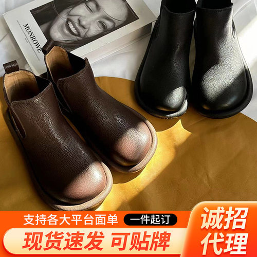 2026新款铂帝思真皮女短靴头层牛皮复古文艺百搭烟筒靴时尚切尔西