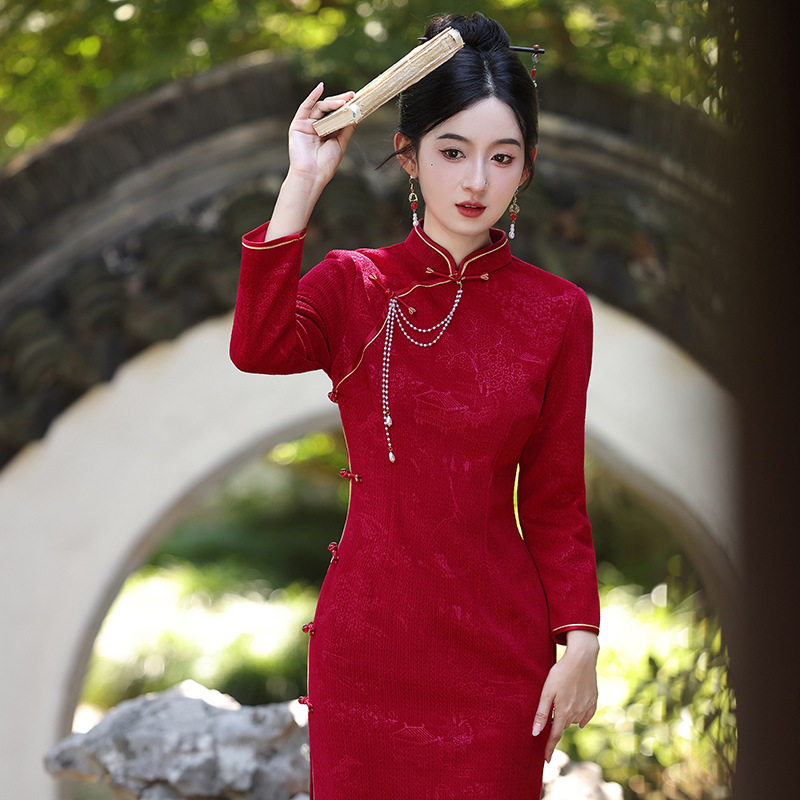 2026新款新中式旗袍春秋季红色订婚礼服新娘敬酒服蕾丝长袖旗袍女