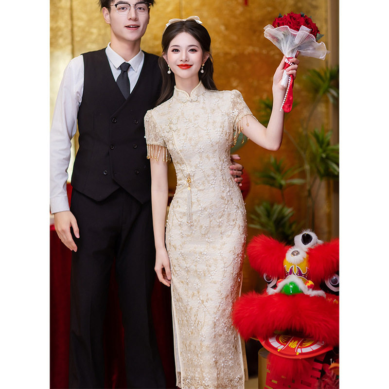 2026新款蕾丝敬酒服新娘订婚礼服连衣裙中式旗袍回门服礼服感
