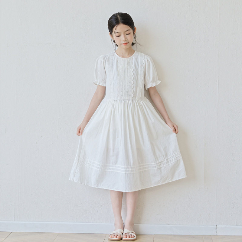 2026新款亲子装女童白色裙子大童女装中大童蕾丝花边裙夏天纯棉白