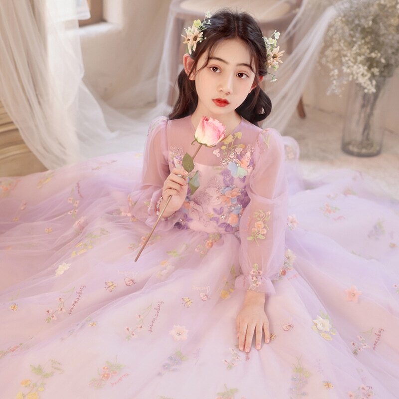 2025新款儿童礼服紫罗兰花仙子森系蓬蓬纱公主裙女童钢琴演奏