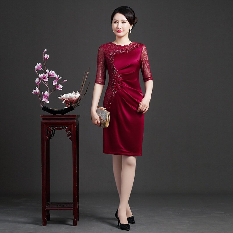 2026新款春夏款女装矮个子妈妈婚庆婚宴喜婆婆显年轻显瘦连衣裙高