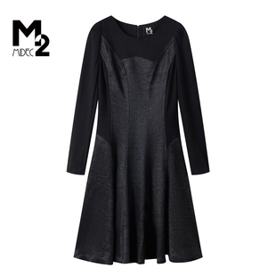 M2折扣店春秋黑色连衣裙女长袖修身气质A字裙成熟风别致裙子