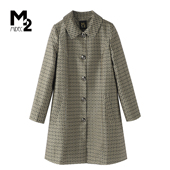 M2折扣店春秋宽松大码 翻领排扣外套 复古格纹廓形风衣女中长款