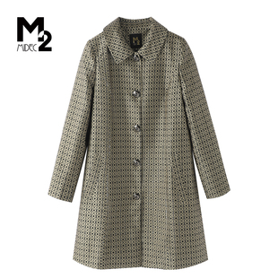 M2折扣店春秋宽松大码 翻领排扣外套 复古格纹廓形风衣女中长款