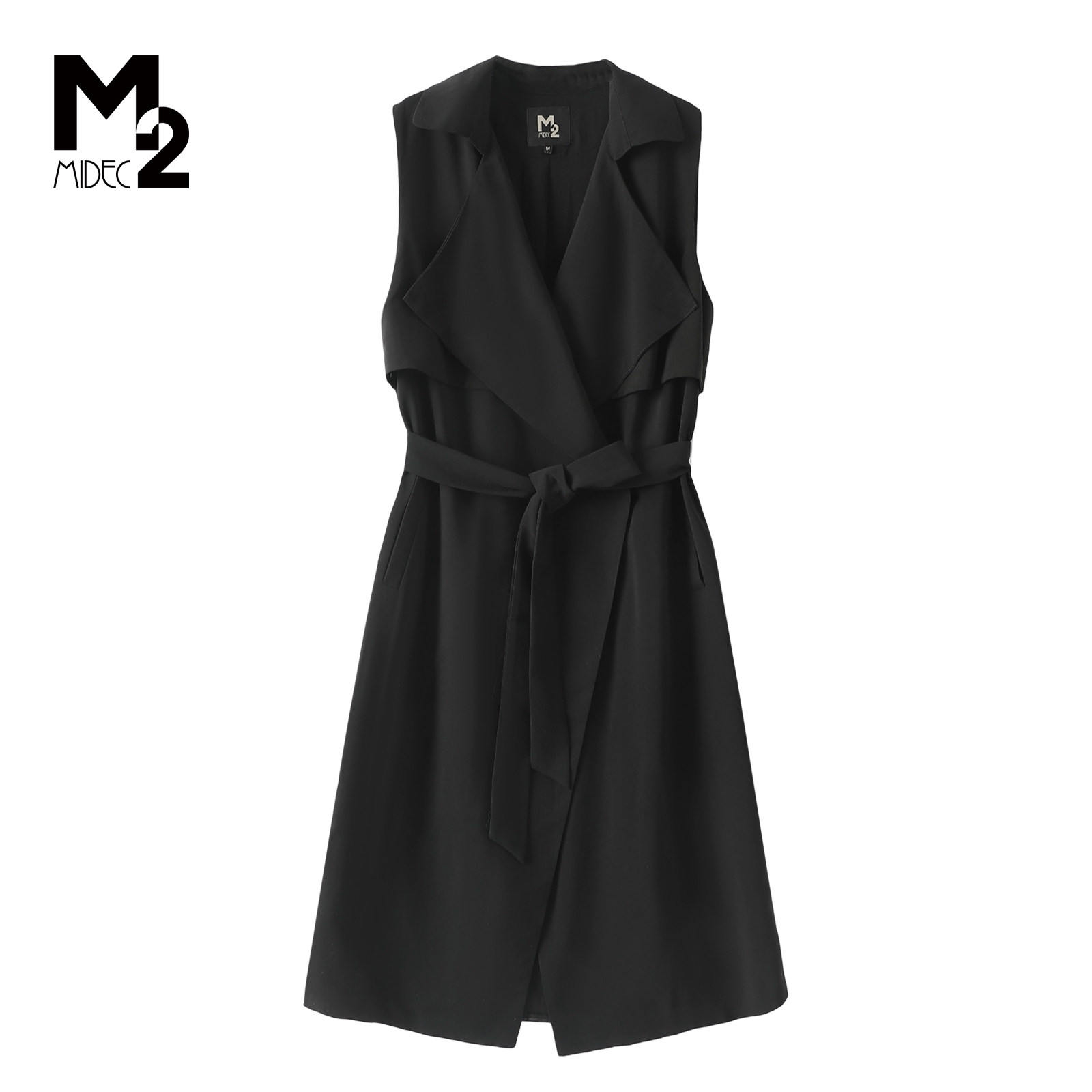 M2折扣店通勤风无袖翻领连衣裙女黑色收腰系带中长款显瘦气质裙