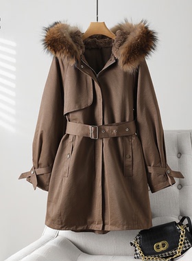 【断码清仓】M2折扣店貉子毛领濑兔毛内胆可脱卸中长款连帽派克服