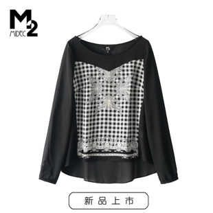 M2女装折扣店春秋宽松大码格子拼接中年妈妈上衣雪纺长袖圆领T恤