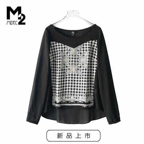 M2中年妈妈宽松大码格子拼接T恤