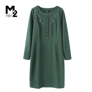 M2折扣店春秋淑女风绿色长袖 蕾丝拼接连衣裙女轻奢气质长裙