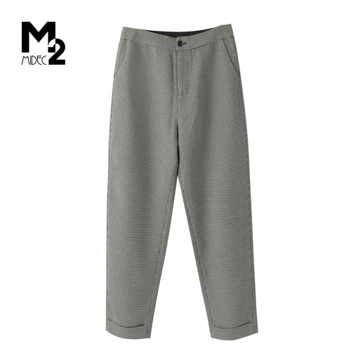 M2折扣店千鸟格中腰显瘦直筒裤