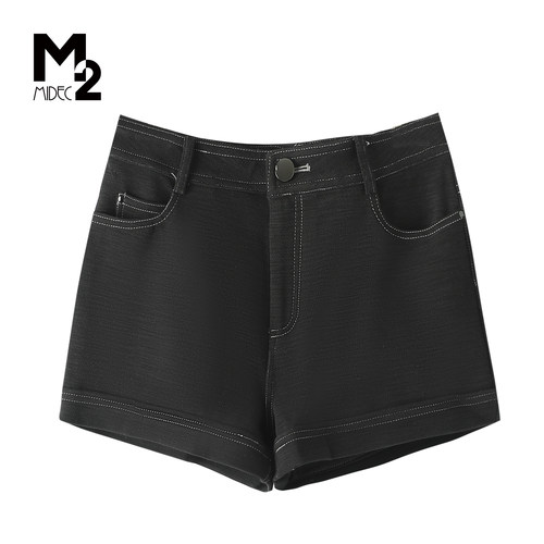 M2高腰黑色卷边显瘦牛仔短裤