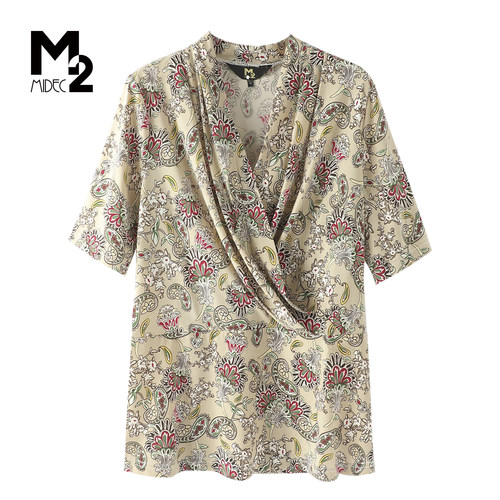 M2夏季复古印花V领宽松衬衫女