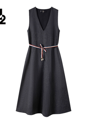 M2折扣店法式无袖连衣裙女深灰色V领腰带A字裙轻熟优雅风气质长裙
