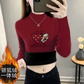 冬季 德绒加绒打底衫 半高领保暖上衣秋冬洋气加厚长袖 T恤女士爆款