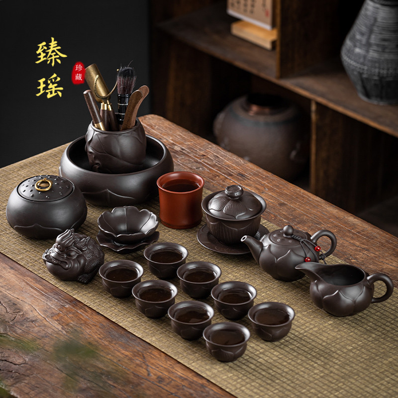 高档紫砂功夫茶具套装家用中式复古风莲花茶杯泡茶壶盖碗陶瓷礼品