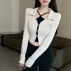 纯欲甜辣妹v领吊带打底衫女内搭设计感小众短款polo领长袖上衣t恤