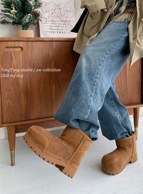 潼潼TONG大头厚底雪地靴女皮毛一体2025冬新款加绒加厚短中筒棉鞋