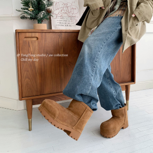 潼潼TONG大头厚底雪地靴女皮毛一体2025冬新款 加绒加厚短中筒棉鞋