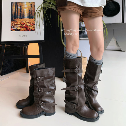 潼潼TONG增高7cm裤管靴骑士靴女秋冬新款粗跟厚底中高筒堆堆靴子