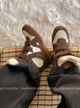 潼潼TONG厚底8cm内增高休闲鞋女2026春季新款真皮德训高帮运动鞋