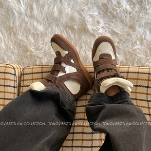 潼潼TONG厚底8cm内增高休闲鞋女2026春季新款真皮德训高帮运动鞋