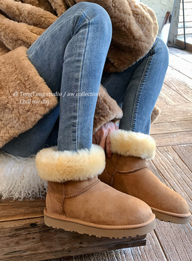 潼潼TONG翻边羊皮毛一体厚薄底中筒雪地靴女2025冬季新款保暖棉鞋