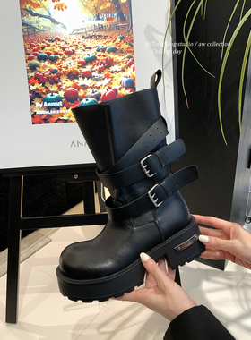 潼潼TONG毒液靴皮带扣高筒骑士靴2025新款真皮复古粗跟厚底机车靴