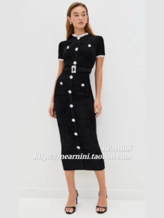 Nearnini 2025秋冬新款黑色蕾丝花边水钻荷叶边针织连衣裙铅笔裙