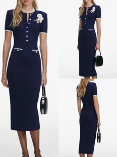 Nearnini 2026早春新款藏蓝色立体花朵珍珠领针织修身短袖连衣裙